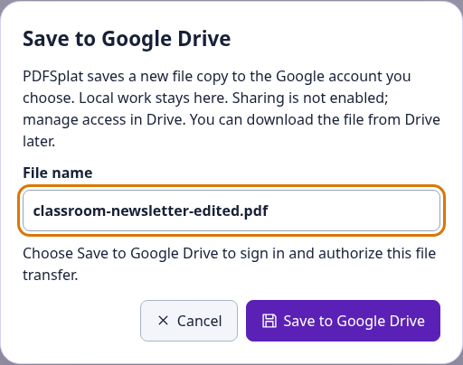 Save a PDF to Google Drive dialog
