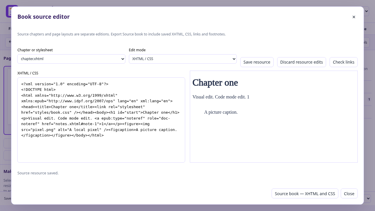 XHTML source editing alongside the chapter preview