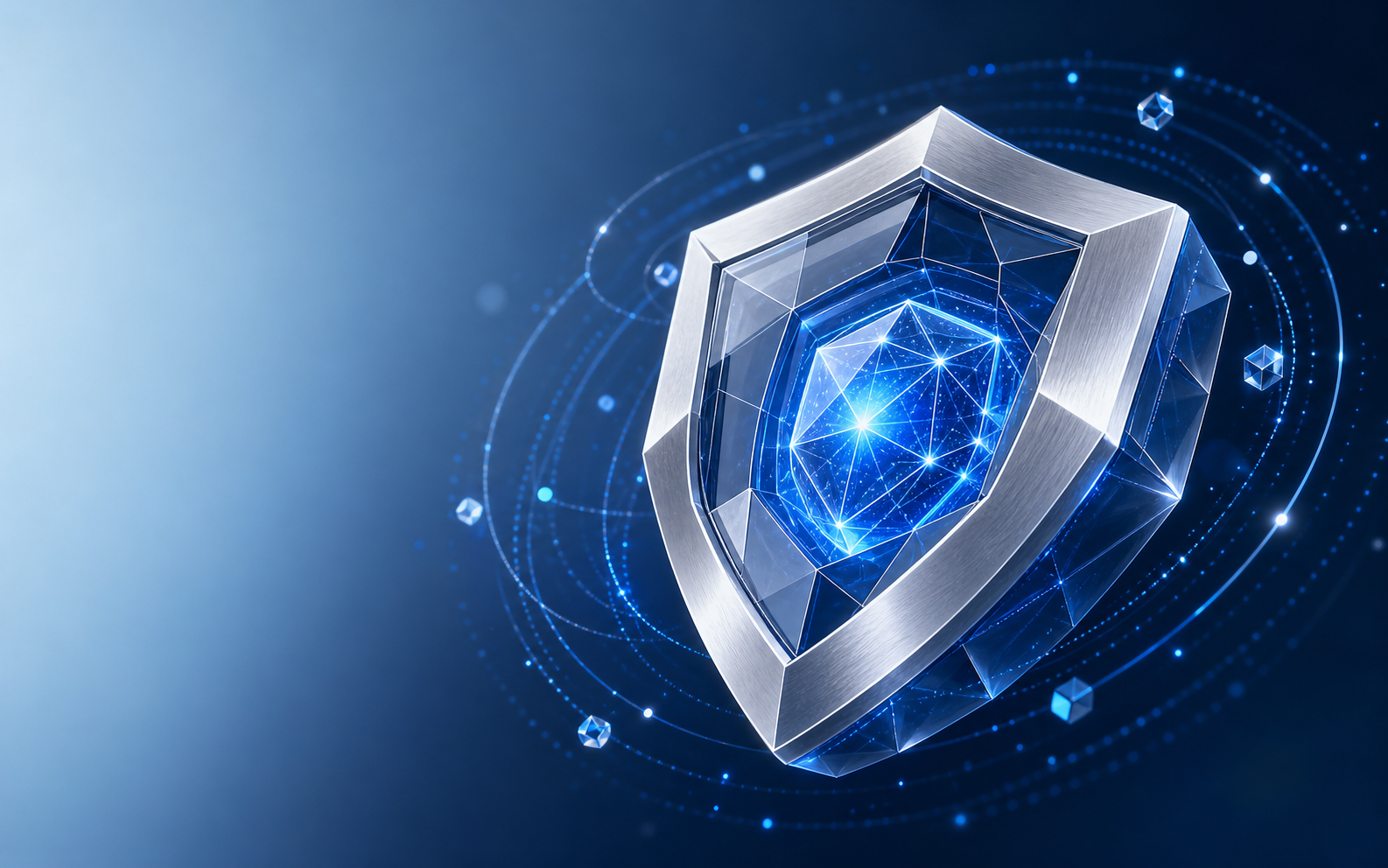 A silver digital shield protecting a luminous blue data core